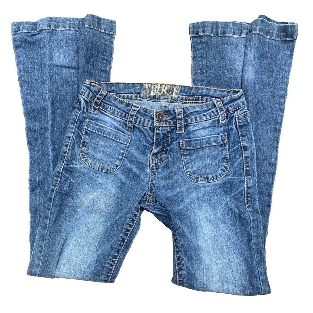 Truce Flare Jeans Jrs Size 7 Medium Wash Low Rise Y2K Denim 4 Pockets Button Zip